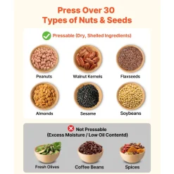 VEVOR Oil Press Machine, 8.27 LBS/H Capacity, 750W Oil Extractor Machine, Automatic Electric Oil Maker for Home Commercial Use, 122℉–572℉ Hot Pressing for Peanuts Sesames Soybeans Almonds