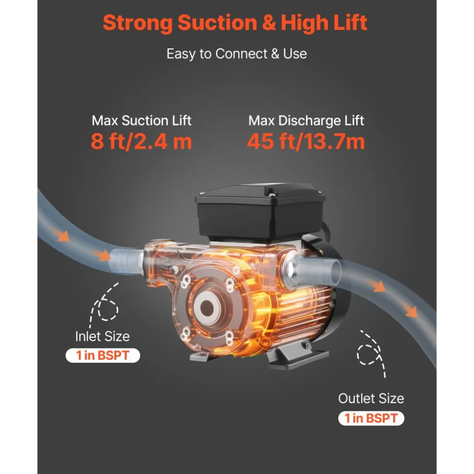 VEVOR Oil Transfer Pump 110V, 16 GPM 60 L/min, AC Electric Fuel Transfer Pump for Diesel Kerosene Biodiesel, 8 ft/2.4 m Max Suction Lift, 45 ft/13.7 m Max Lift, for Vehicles, Construction Sites, Farms