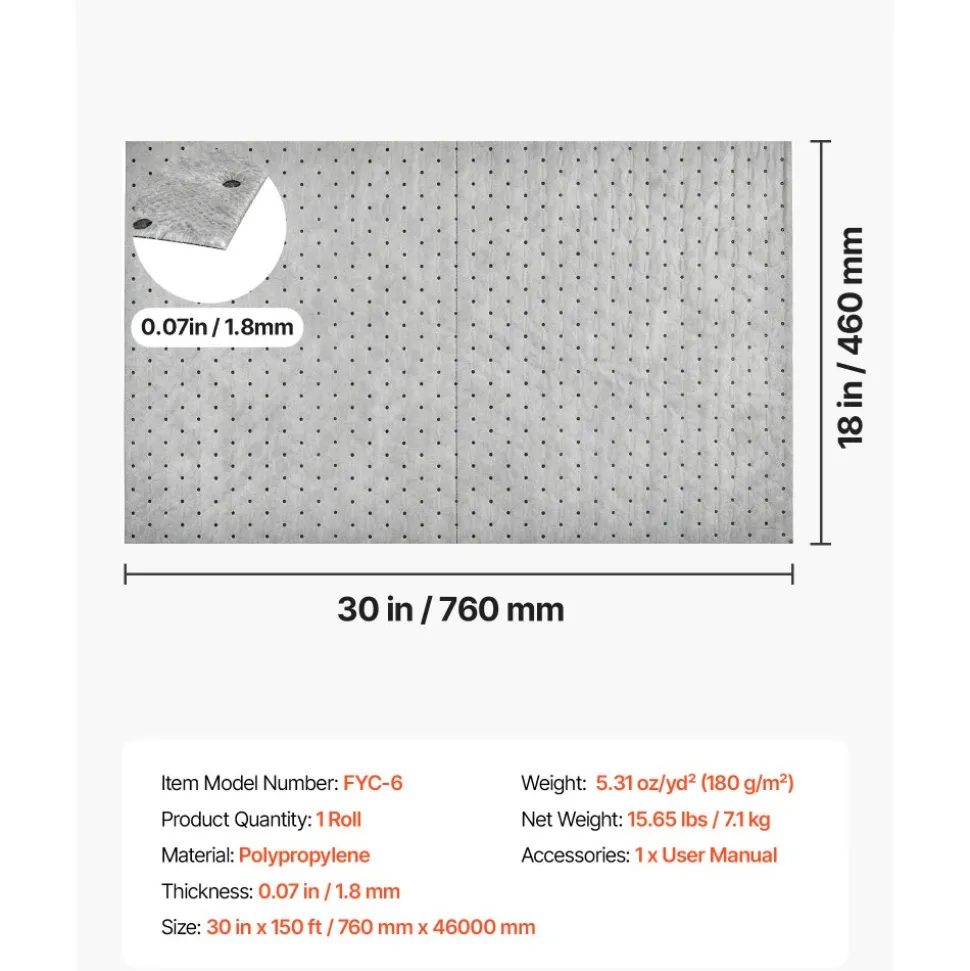VEVOR Oil & Water Absorbent Pads, 30 in x 150 ft 1-Roll, Medium-Duty Spill Absorbing Pads, Universal for Gasoline, Engine, Oil, Water, Coolant, Durable PP Spill Control Mats for Garage Workshop