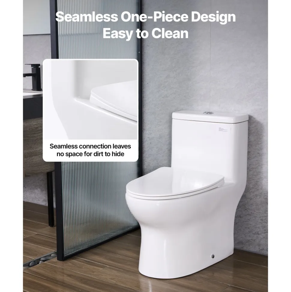 VEVOR One-Piece Toilet, Elongated Toilet Vortex Dual-Flush 1.0/1.28 GPF, Toilets for Bathroom with Comfortable Chair Seat, Standard Height, 12 inch Rough-In, White + Silver, Easy-Clean Skirted Design