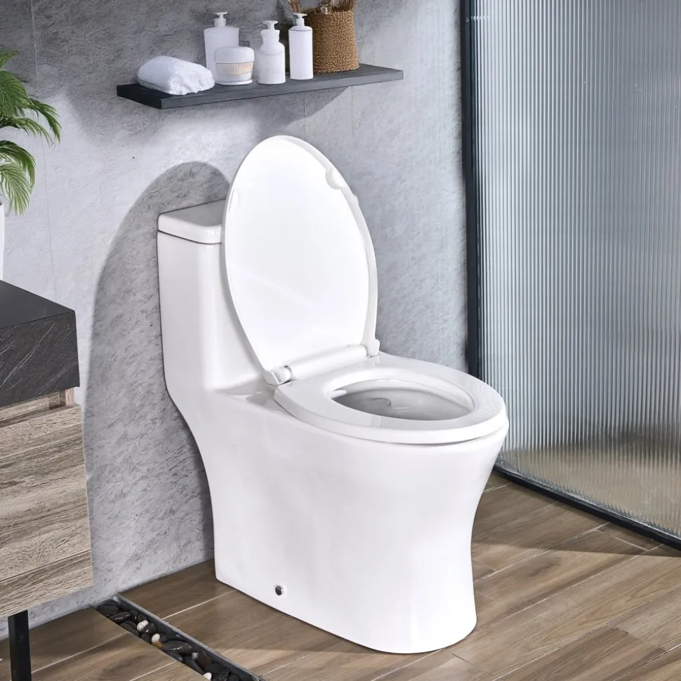 VEVOR One-Piece Toilet, Elongated Toilet Vortex Dual-Flush 1.0/1.28 GPF, Toilets for Bathroom with Comfortable Chair Seat, Standard Height, Easy-Clean Skirted Design, 12 inch Rough-In, White + Black