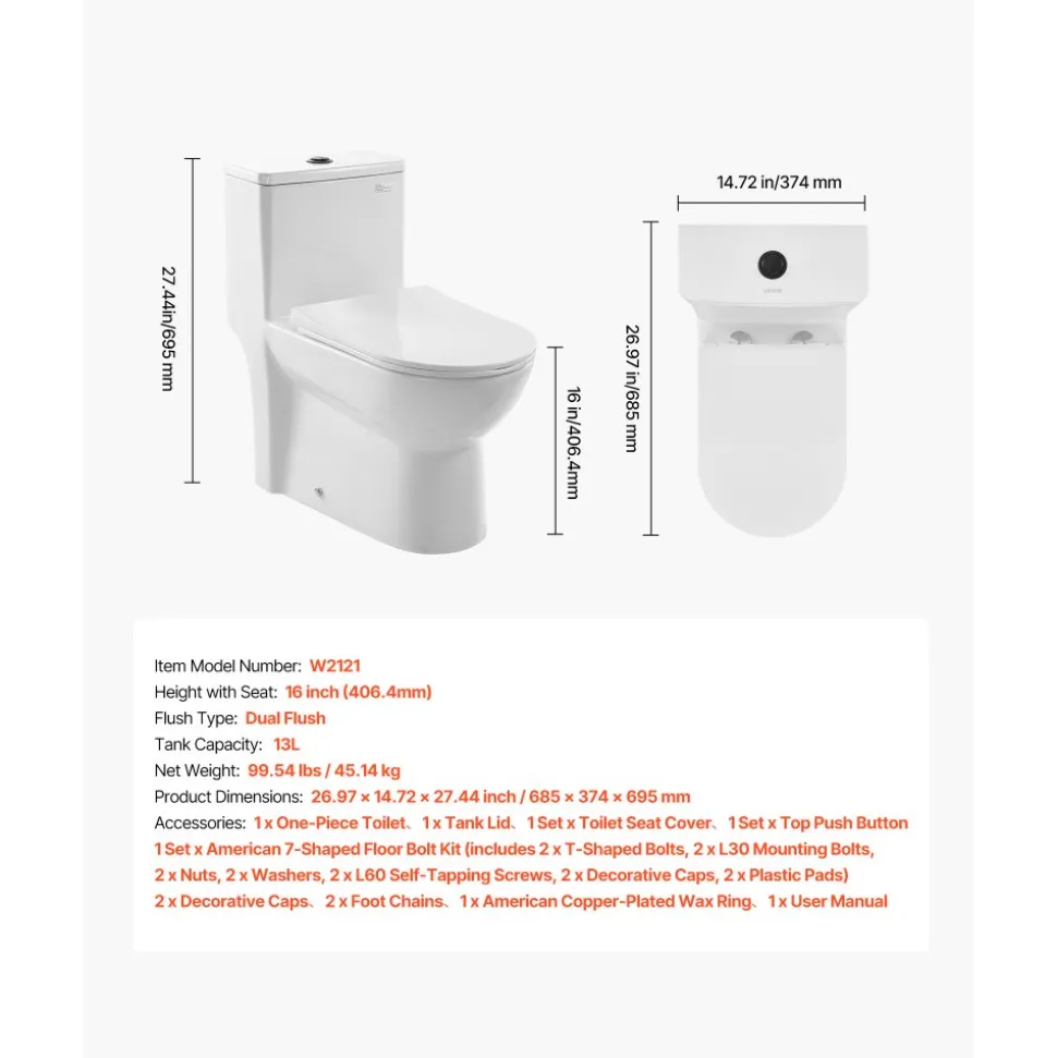 VEVOR One-Piece Toilet, Elongated Toilet Vortex Dual-Flush 1.1/1.6 GPF, Toilets for Bathroom with Comfortable Chair Seat, 12 inch Rough-In, Black + White, Easy-Clean Skirted Design, Standard Height