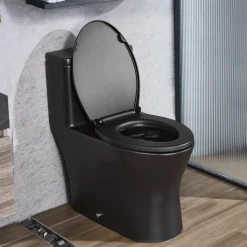 VEVOR One-Piece Toilet, Elongated Toilet Vortex Dual-Flush 1.0/1.28 GPF, Toilets for Bathroom with Comfortable Chair Seat, Standard Height, Easy-Clean Skirted Design, 12 inch Rough-In, Black + Silver