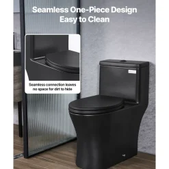 VEVOR One-Piece Toilet, Elongated Toilet Vortex Dual-Flush 1.0/1.28 GPF, Toilets for Bathroom with Comfortable Chair Seat, Standard Height, Easy-Clean Skirted Design, 12″ Rough-In, Matte Black+ Black