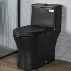 VEVOR One-Piece Toilet, Elongated Toilet Vortex Dual-Flush 1.0/1.28 GPF, Toilets for Bathroom with Comfortable Chair Seat, Standard Height, Easy-Clean Skirted Design, 12″ Rough-In, Matte Black+ Black