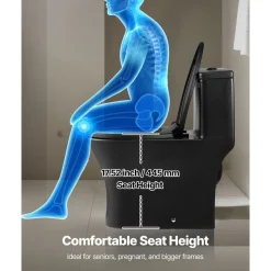 VEVOR One-Piece Toilet, Elongated Toilet Vortex Dual-Flush 1.0/1.28 GPF, Toilets for Bathroom with Comfortable Chair Seat, Standard Height, Easy-Clean Skirted Design, 12″ Rough-In, Matte Black+ Black
