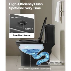 VEVOR One-Piece Toilet, Elongated Toilet Vortex Dual-Flush 1.0/1.28 GPF, Toilets for Bathroom with Comfortable Chair Seat, Standard Height, Easy-Clean Skirted Design, 12″ Rough-In, Matte Black+ Black