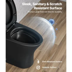 VEVOR One-Piece Toilet, Elongated Toilet Vortex Dual-Flush 1.0/1.28 GPF, Toilets for Bathroom with Comfortable Chair Seat, Standard Height, Easy-Clean Skirted Design, 12″ Rough-In, Matte Black+ Black