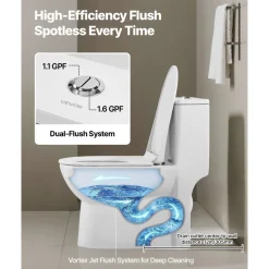 VEVOR One-Piece Toilet, Elongated Toilet Vortex Dual-Flush 1.1/1.6 GPF, Toilets for Bathroom with Comfortable Chair Seat, Standard Height, Easy-Clean Skirted Design, 12 inch Rough-In, White + Silver