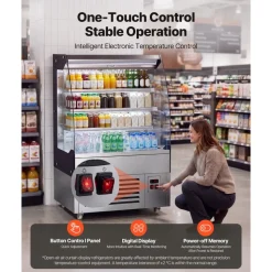 VEVOR Open Air Merchandiser, 5.4 cu. ft. 3-Tier Shelving Commercial Refrigerator, Grab and Go Fan Cooling Display Cooler, with LED Lighting, Night Curtain, Upright for Restaurants, Stores, Office