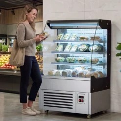 VEVOR Open Air Merchandiser, 5.4 cu. ft. 3-Tier Shelving Commercial Refrigerator, Grab and Go Fan Cooling Display Cooler, with LED Lighting, Night Curtain, Upright for Restaurants, Stores, Office