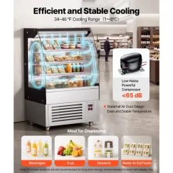 VEVOR Open Air Merchandiser, 5.4 cu. ft. 3-Tier Shelving Commercial Refrigerator, Grab and Go Fan Cooling Display Cooler, with LED Lighting, Night Curtain, Upright for Restaurants, Stores, Office
