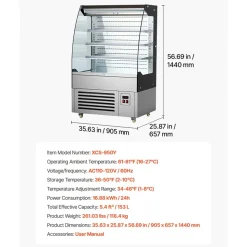 VEVOR Open Air Merchandiser, 5.4 cu. ft. 3-Tier Shelving Commercial Refrigerator, Grab and Go Fan Cooling Display Cooler, with LED Lighting, Night Curtain, Upright for Restaurants, Stores, Office
