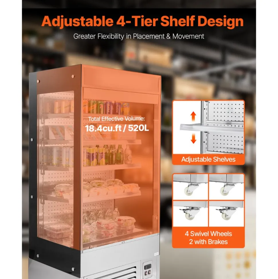 VEVOR Open Air Merchandiser, 4-Tier Shelving Commercial Refrigerator, Grab and Go Display Cooler Refrigerator with Air Curtain, LED Advertising Light, Fits for Restaurants, Stores, Office, 18.4cu.ft.