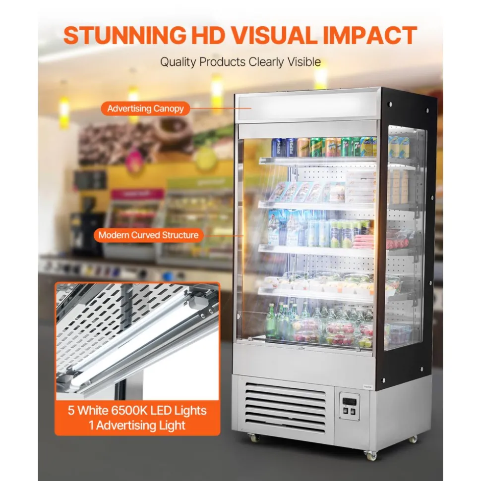 VEVOR Open Air Merchandiser, 4-Tier Shelving Commercial Refrigerator, Grab and Go Display Cooler Refrigerator with Air Curtain, LED Advertising Light, Fits for Restaurants, Stores, Office, 18.4cu.ft.