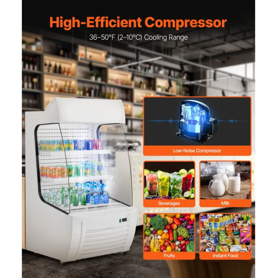 VEVOR Open Air Merchandiser, 2-Tier Shelving Commercial Refrigerator, Grab and Go Display Cooler Refrigerator with Air Curtain, LED Advertising Light, Fits for Restaurants, Stores, Office, 12.7cu.ft.