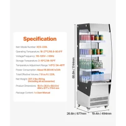VEVOR Open Air Merchandiser, 3-Tier Shelving Commercial Refrigerator, Grab and Go Display Cooler Refrigerator with Air Curtain, 4 Swivel Wheels, LED Light, for Restaurants, Stores, Office, 7.8cu.ft.