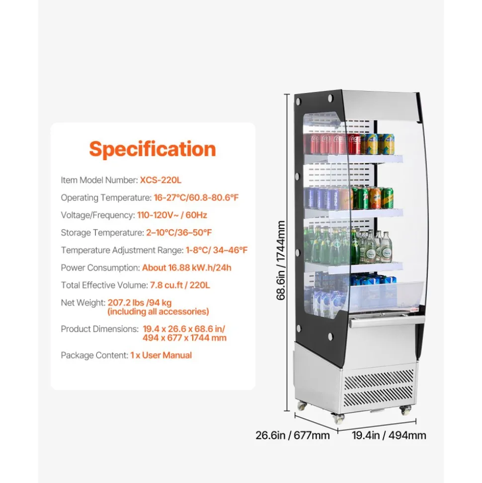 VEVOR Open Air Merchandiser, 3-Tier Shelving Commercial Refrigerator, Grab and Go Display Cooler Refrigerator with Air Curtain, 4 Swivel Wheels, LED Light, for Restaurants, Stores, Office, 7.8cu.ft.