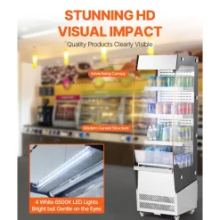 VEVOR Open Air Merchandiser, 3-Tier Shelving Commercial Refrigerator, Grab and Go Display Cooler Refrigerator with Air Curtain, 4 Swivel Wheels, LED Light, for Restaurants, Stores, Office, 7.8cu.ft.