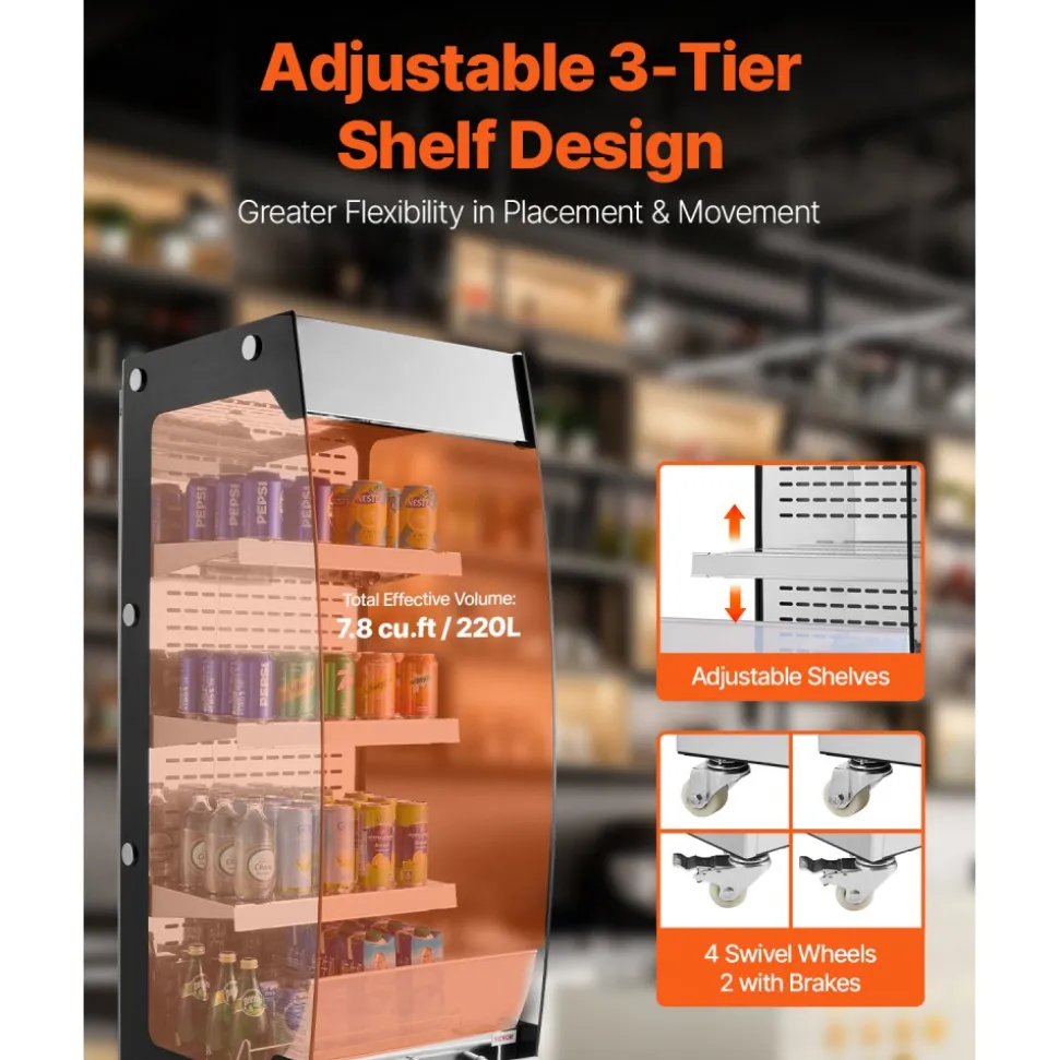 VEVOR Open Air Merchandiser, 3-Tier Shelving Commercial Refrigerator, Grab and Go Display Cooler Refrigerator with Air Curtain, 4 Swivel Wheels, LED Light, for Restaurants, Stores, Office, 7.8cu.ft.