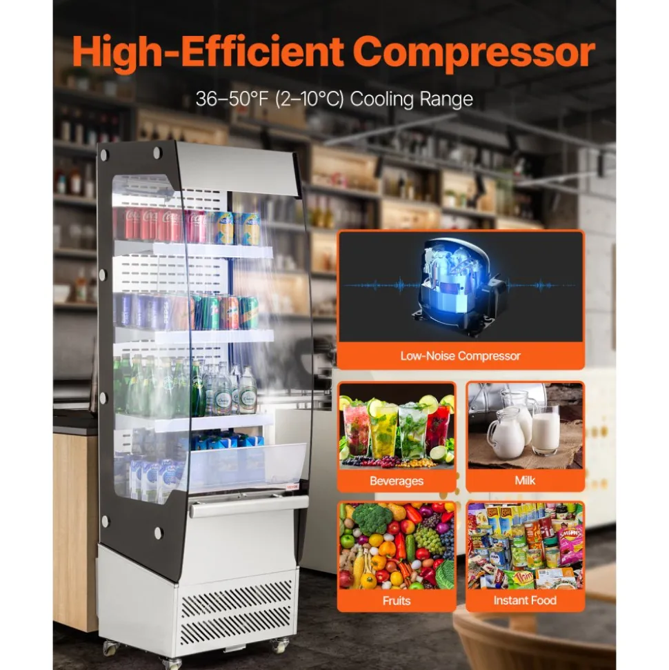 VEVOR Open Air Merchandiser, 3-Tier Shelving Commercial Refrigerator, Grab and Go Display Cooler Refrigerator with Air Curtain, 4 Swivel Wheels, LED Light, for Restaurants, Stores, Office, 7.8cu.ft.