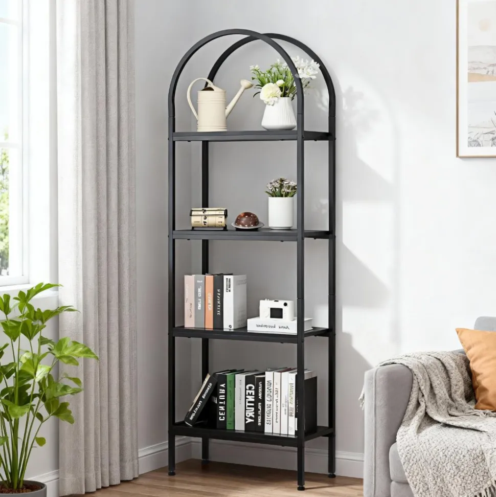 VEVOR Open Bookshelf, 4-Tier, Arched Bookcase Storage Shelves with Metal Frame, Industrial Metal Book Organizer, Freestanding Display Rack Tall Shelving Unit, for Office, Bedroom, Living Room, Black