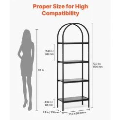 VEVOR Open Bookshelf, 4-Tier, Arched Bookcase Storage Shelves with Metal Frame, Industrial Metal Book Organizer, Freestanding Display Rack Tall Shelving Unit, for Office, Bedroom, Living Room, Black