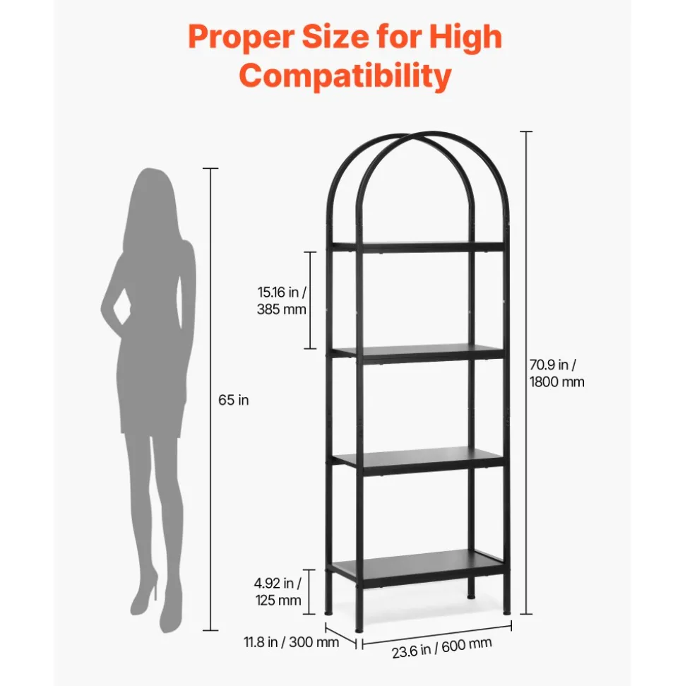 VEVOR Open Bookshelf, 4-Tier, Arched Bookcase Storage Shelves with Metal Frame, Industrial Metal Book Organizer, Freestanding Display Rack Tall Shelving Unit, for Office, Bedroom, Living Room, Black