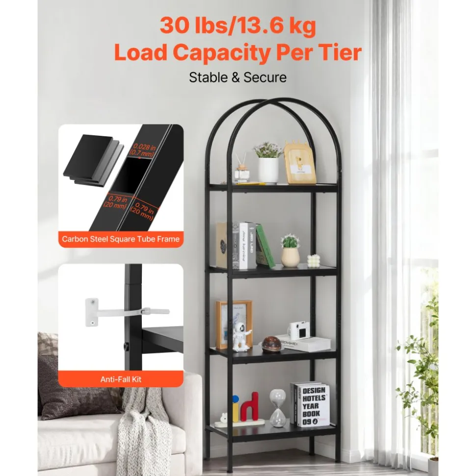 VEVOR Open Bookshelf, 4-Tier, Arched Bookcase Storage Shelves with Metal Frame, Industrial Metal Book Organizer, Freestanding Display Rack Tall Shelving Unit, for Office, Bedroom, Living Room, Black