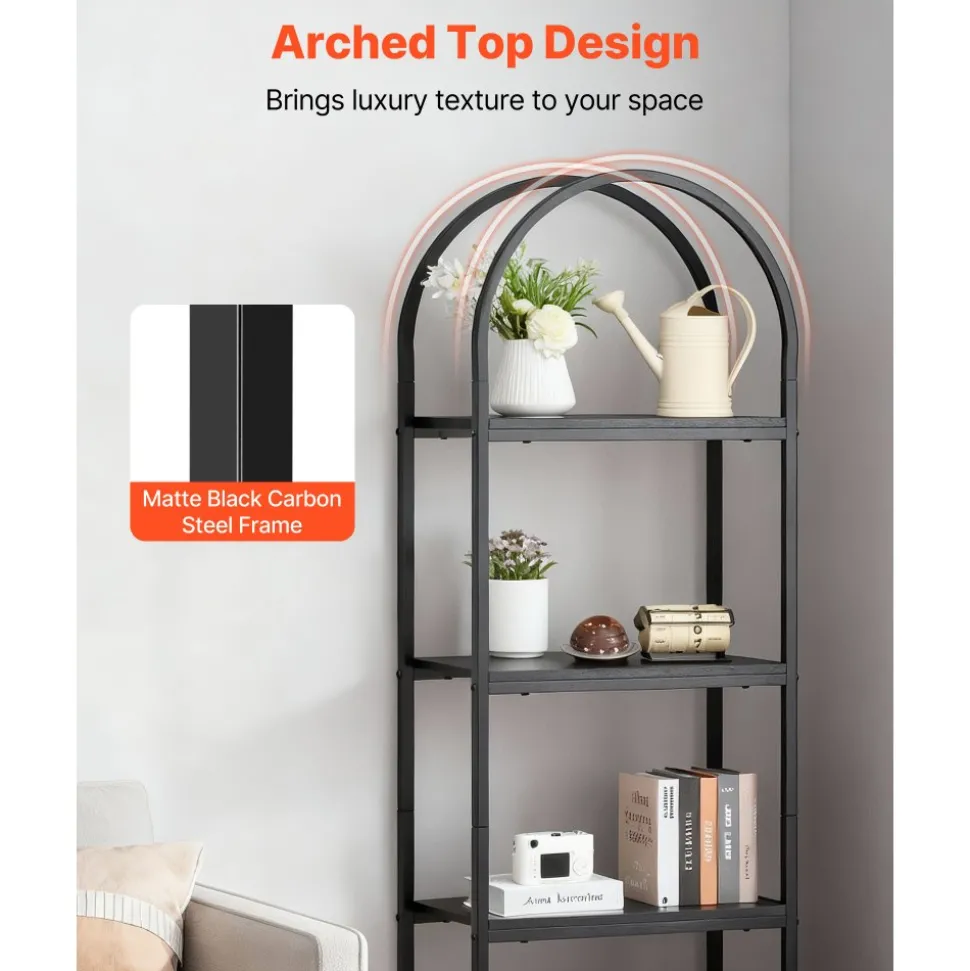 VEVOR Open Bookshelf, 4-Tier, Arched Bookcase Storage Shelves with Metal Frame, Industrial Metal Book Organizer, Freestanding Display Rack Tall Shelving Unit, for Office, Bedroom, Living Room, Black
