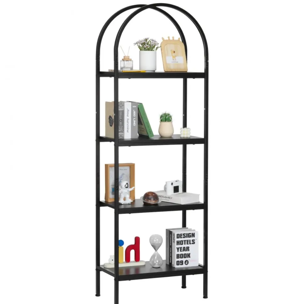 VEVOR Open Bookshelf, 4-Tier, Arched Bookcase Storage Shelves with Metal Frame, Industrial Metal Book Organizer, Freestanding Display Rack Tall Shelving Unit, for Office, Bedroom, Living Room, Black