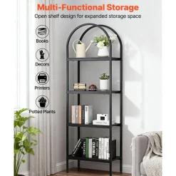 VEVOR Open Bookshelf, 4-Tier, Arched Bookcase Storage Shelves with Metal Frame, Industrial Metal Book Organizer, Freestanding Display Rack Tall Shelving Unit, for Office, Bedroom, Living Room, Black
