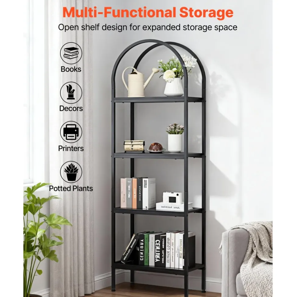 VEVOR Open Bookshelf, 4-Tier, Arched Bookcase Storage Shelves with Metal Frame, Industrial Metal Book Organizer, Freestanding Display Rack Tall Shelving Unit, for Office, Bedroom, Living Room, Black