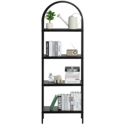 VEVOR Open Bookshelf, 4-Tier, Arched Bookcase Storage Shelves with Metal Frame, Industrial Metal Book Organizer, Freestanding Display Rack Tall Shelving Unit, for Office, Bedroom, Living Room, Black