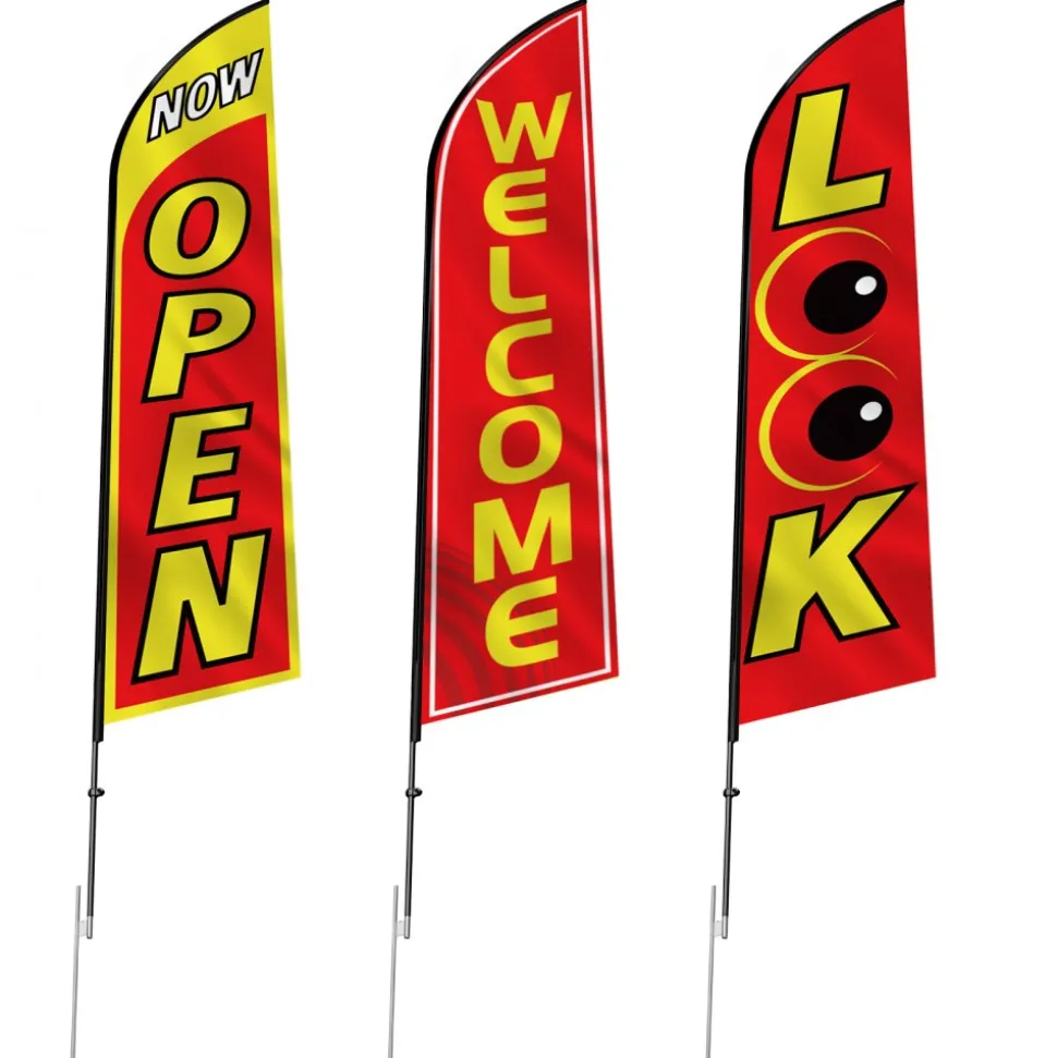 VEVOR Open Flags with Pole Kit, Advertising Flags for Business Outside, Advertising Feather Flag Kit, 3 Flags (Open, Look, Welcome), 3 Poles, 3 Ground Stakes, Swooper Flags for Businesses 16.3 FT