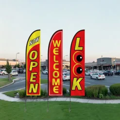 VEVOR Open Flags with Pole Kit, Advertising Flags for Business Outside, Advertising Feather Flag Kit, 3 Flags (Open, Look, Welcome), 3 Poles, 3 Ground Stakes, Swooper Flags for Businesses 16.3 FT