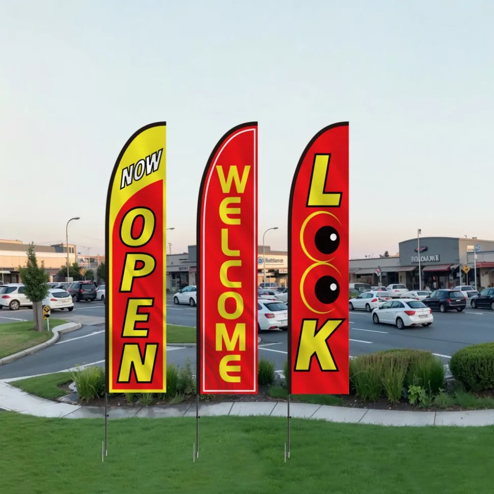 VEVOR Open Flags with Pole Kit, Advertising Flags for Business Outside, Advertising Feather Flag Kit, 3 Flags (Open, Look, Welcome), 3 Poles, 3 Ground Stakes, Swooper Flags for Businesses 16.3 FT