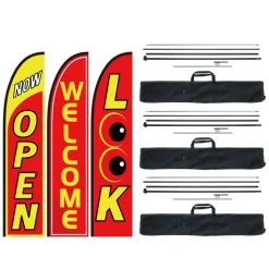 VEVOR Open Flags with Pole Kit, Advertising Flags for Business Outside, Advertising Feather Flag Kit, 3 Flags (Open, Look, Welcome), 3 Poles, 3 Ground Stakes, Swooper Flags for Businesses 16.3 FT