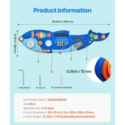 VEVOR Orca Activity Wall Busy Board Panels, 12 Activities, Montessori Sensory Wall Toy for Kids 3-12 Years, Montessori Learning Activity Center, Ideal for Toddler Playroom Nursery Classroom