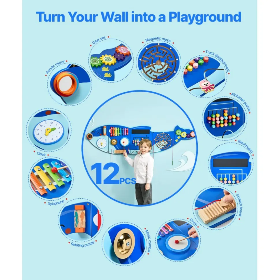 VEVOR Orca Activity Wall Busy Board Panels, 12 Activities, Montessori Sensory Wall Toy for Kids 3-12 Years, Montessori Learning Activity Center, Ideal for Toddler Playroom Nursery Classroom