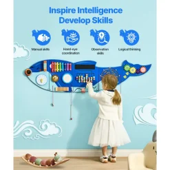 VEVOR Orca Activity Wall Busy Board Panels, 12 Activities, Montessori Sensory Wall Toy for Kids 3-12 Years, Montessori Learning Activity Center, Ideal for Toddler Playroom Nursery Classroom