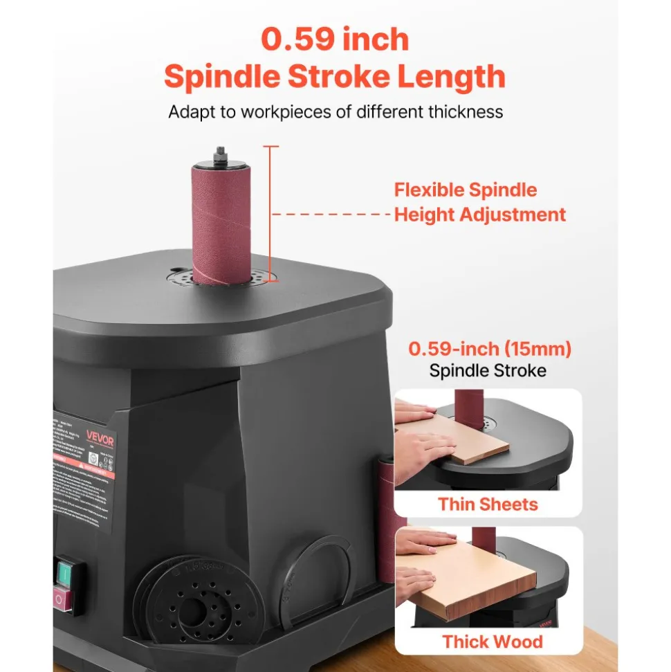 VEVOR Oscillating Spindle Sander, 2000RPM Benchtop Spindle Sander with 6 Sleeves (1/2"-3"), 0.59" Stroke & Dust Connection Port for Furniture Finishing, Crafts Sanding, DIY Woodworking