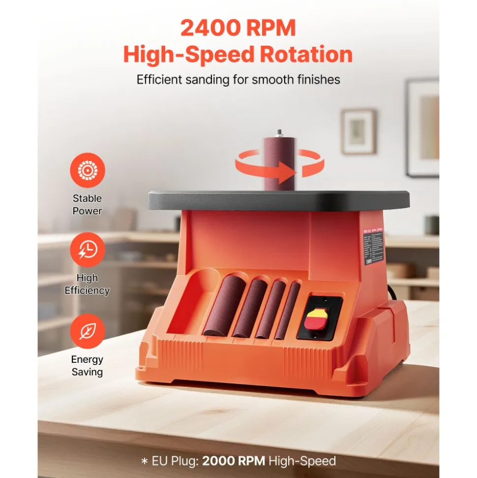 VEVOR Oscillating Spindle Sander, 2400RPM Benchtop Spindle Sander with 6 Sleeves (1/2"-3"), 5/8" Stroke & 15.4 x 16.3-inch Wide Worktable for Furniture Finishing, Crafts Sanding, DIY Woodworking