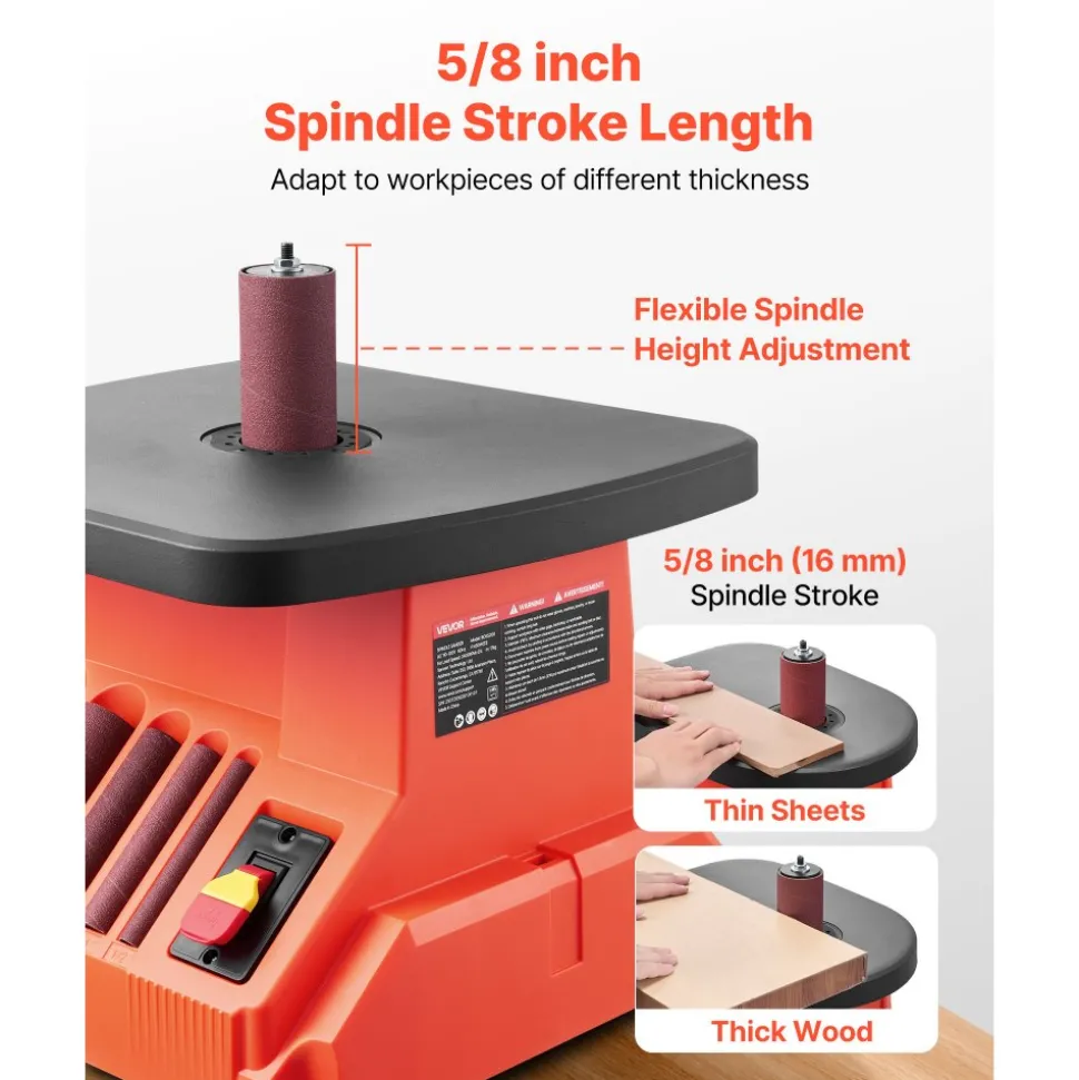 VEVOR Oscillating Spindle Sander, 2400RPM Benchtop Spindle Sander with 6 Sleeves (1/2"-3"), 5/8" Stroke & 15.4 x 16.3-inch Wide Worktable for Furniture Finishing, Crafts Sanding, DIY Woodworking