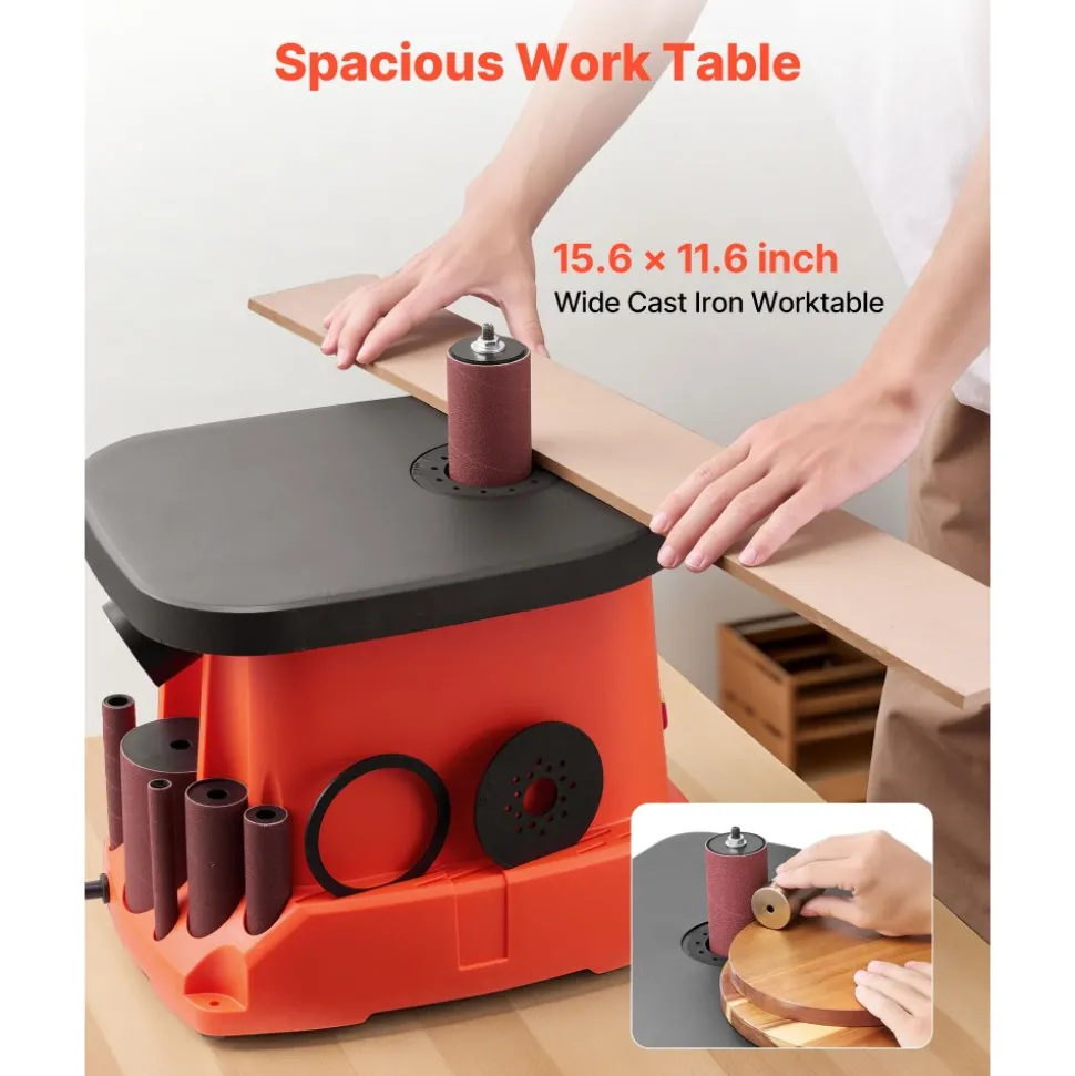 VEVOR Oscillating Spindle Sander, 2400RPM Benchtop Spindle Sander with 6 Sleeves (1/2"-3"), 5/8" Stroke, 15.6" x 11.6" Cast Iron Worktable for Furniture Finishing, Crafts Sanding, DIY Woodworking