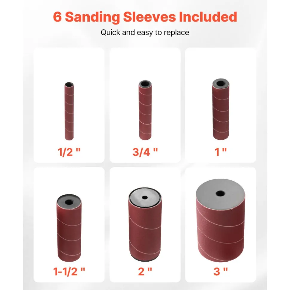 VEVOR Oscillating Spindle Sander, 2400RPM Benchtop Spindle Sander with 6 Sleeves (1/2"-3"), 5/8" Stroke, 15.6" x 11.6" Cast Iron Worktable for Furniture Finishing, Crafts Sanding, DIY Woodworking