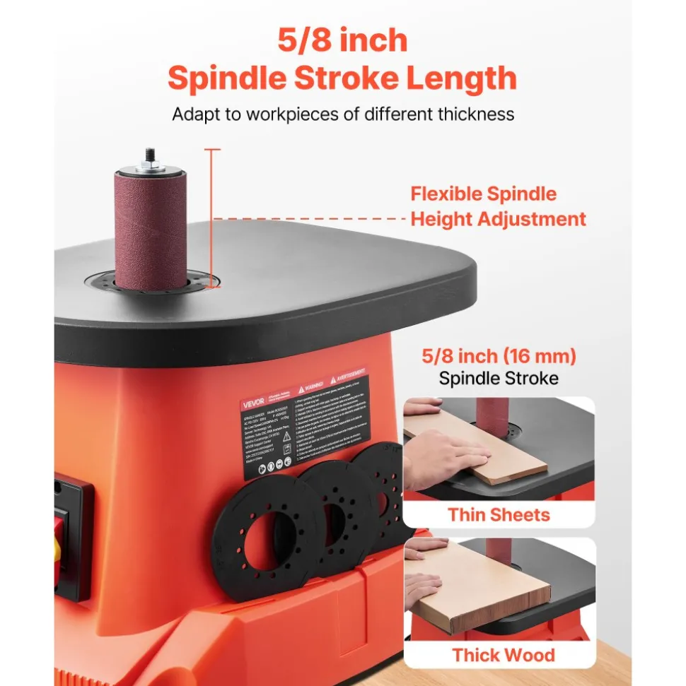 VEVOR Oscillating Spindle Sander, 2400RPM Benchtop Spindle Sander with 6 Sleeves (1/2"-3"), 5/8" Stroke, 15.6" x 11.6" Cast Iron Worktable for Furniture Finishing, Crafts Sanding, DIY Woodworking