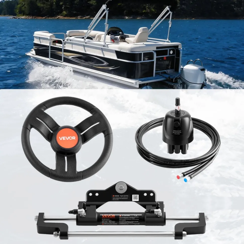 VEVOR Outboard Hydraulic Steering Kit, 200 HP, Marine Boat Hydraulic Steering System with 6.9 MPa Two-Way Lock Helm Pump, Cylinder, 2 PCS 26 ft Hoses, 13.5" Wheel for Single Station, Single-Engine Use