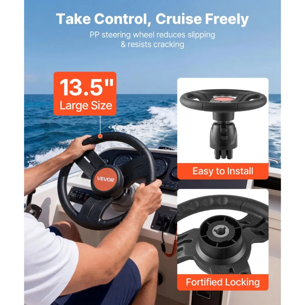 VEVOR Outboard Hydraulic Steering Kit, 200 HP, Marine Boat Hydraulic Steering System with 6.9 MPa Two-Way Lock Helm Pump, Cylinder, 2 PCS 26 ft Hoses, 13.5" Wheel for Single Station, Single-Engine Use