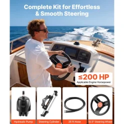 VEVOR Outboard Hydraulic Steering Kit, 200 HP, Marine Boat Hydraulic Steering System with 6.9 MPa Two-Way Lock Helm Pump, Cylinder, 2 PCS 26 ft Hoses, 13.5
